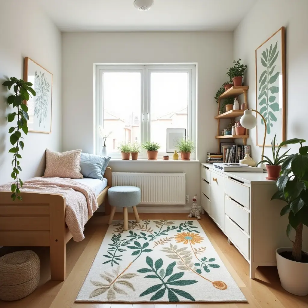 a photo of a teen's room with a plant-themed rug