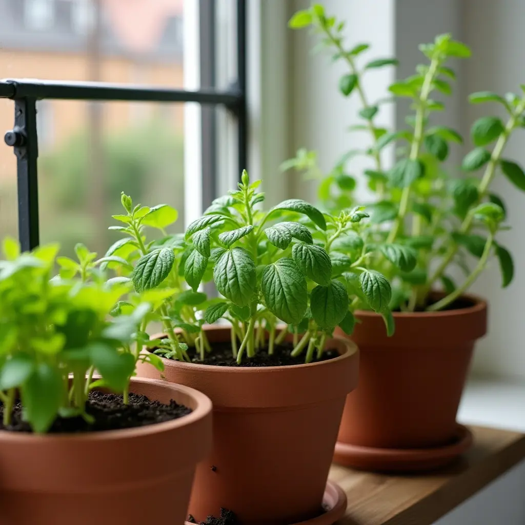a photo of a balcony featuring a handmade herb garden in terracotta pots
