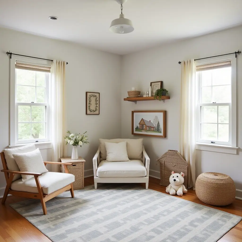 a photo of a basement kids' playroom with farmhouse-themed toys and decor