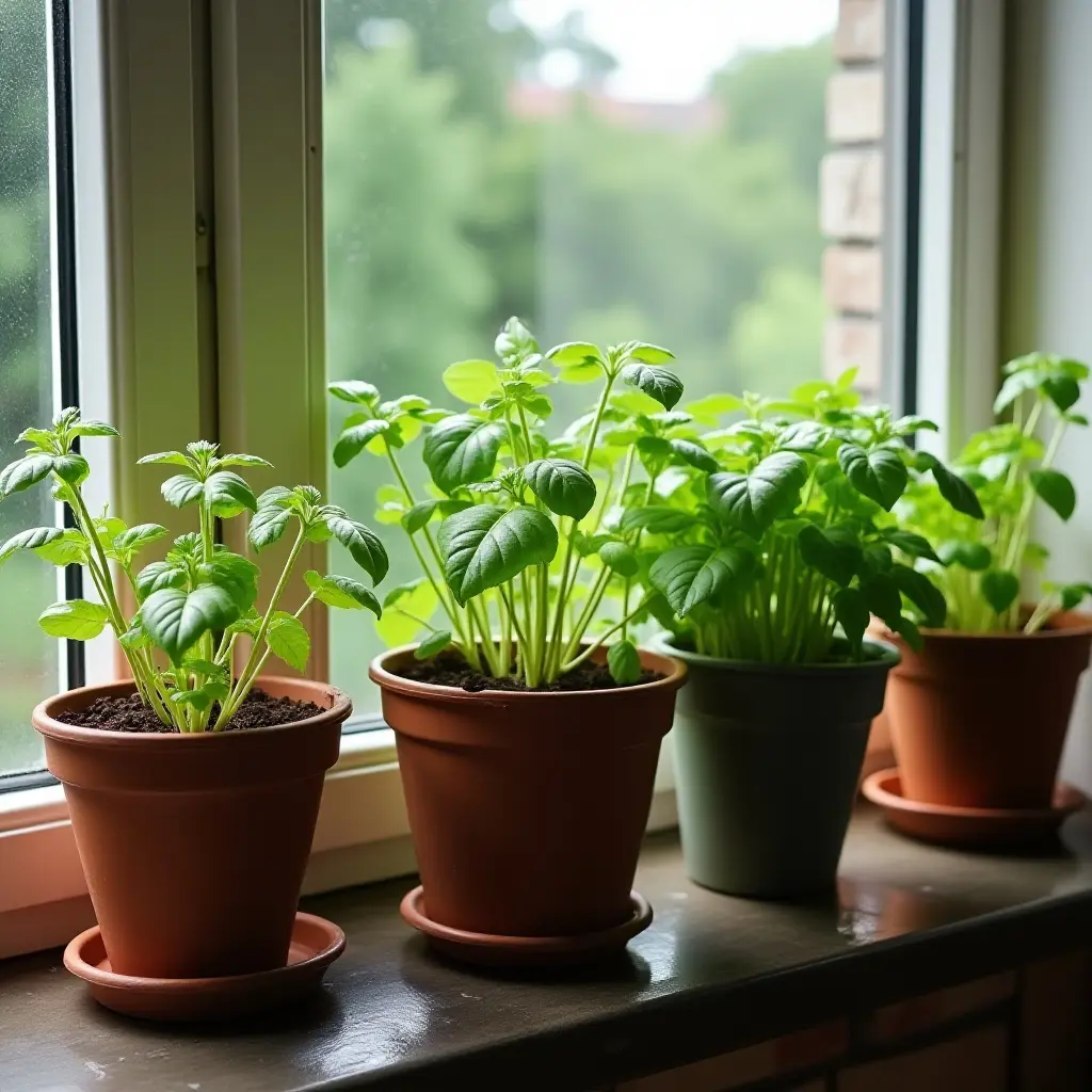 a photo of a balcony showcasing a mini herb garden in pots