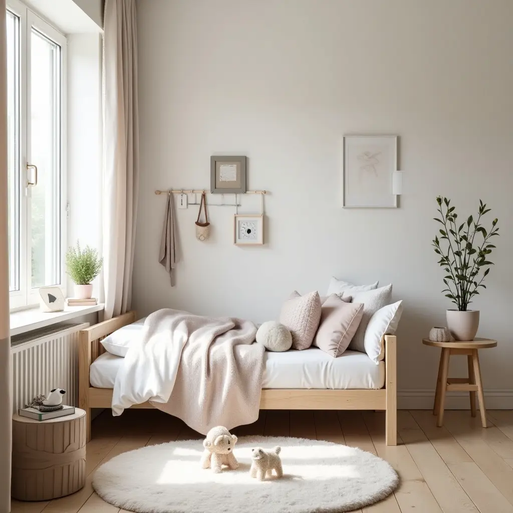 a photo of a stylish kids' bedroom with Scandinavian decor and a cozy bed