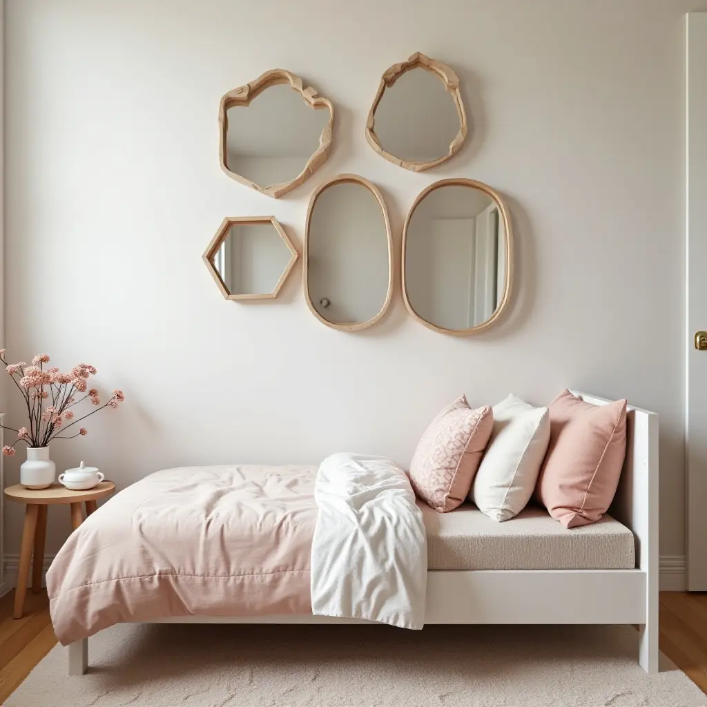 a photo of a cozy children's bedroom with decorative mirrors over the bed