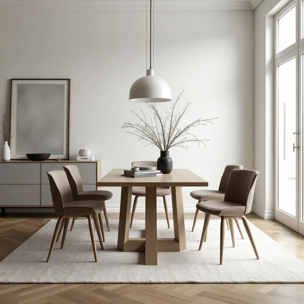 a photo of a chic area rug under a stylish dining table