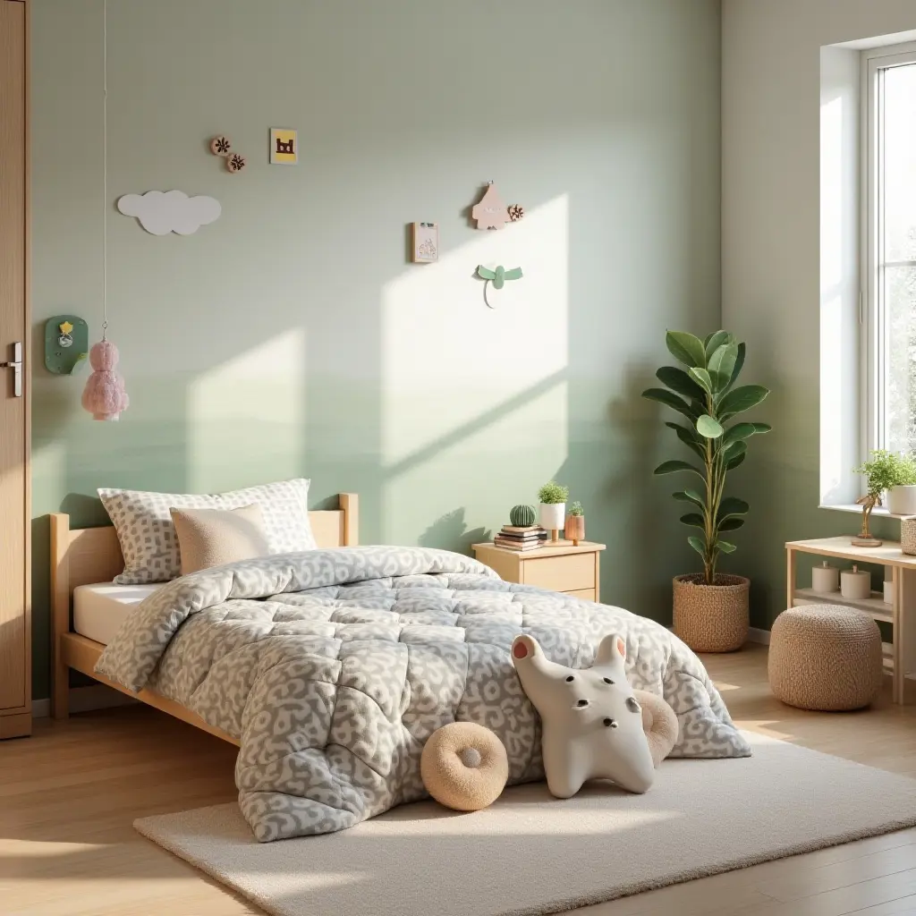a photo of a tranquil kids' bedroom with a simple layout and nature-themed decor