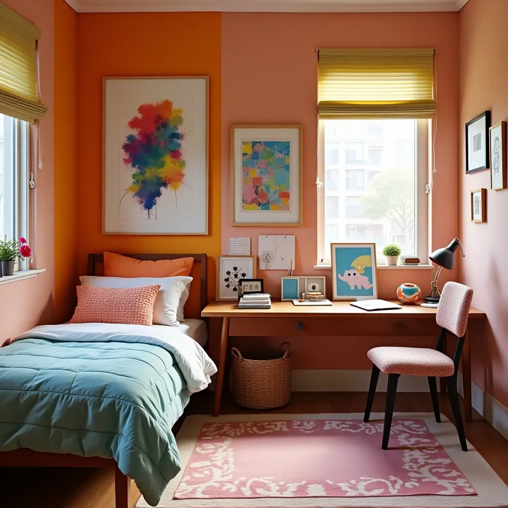 a photo of a vibrant bedroom with a creative study area and art supplies
