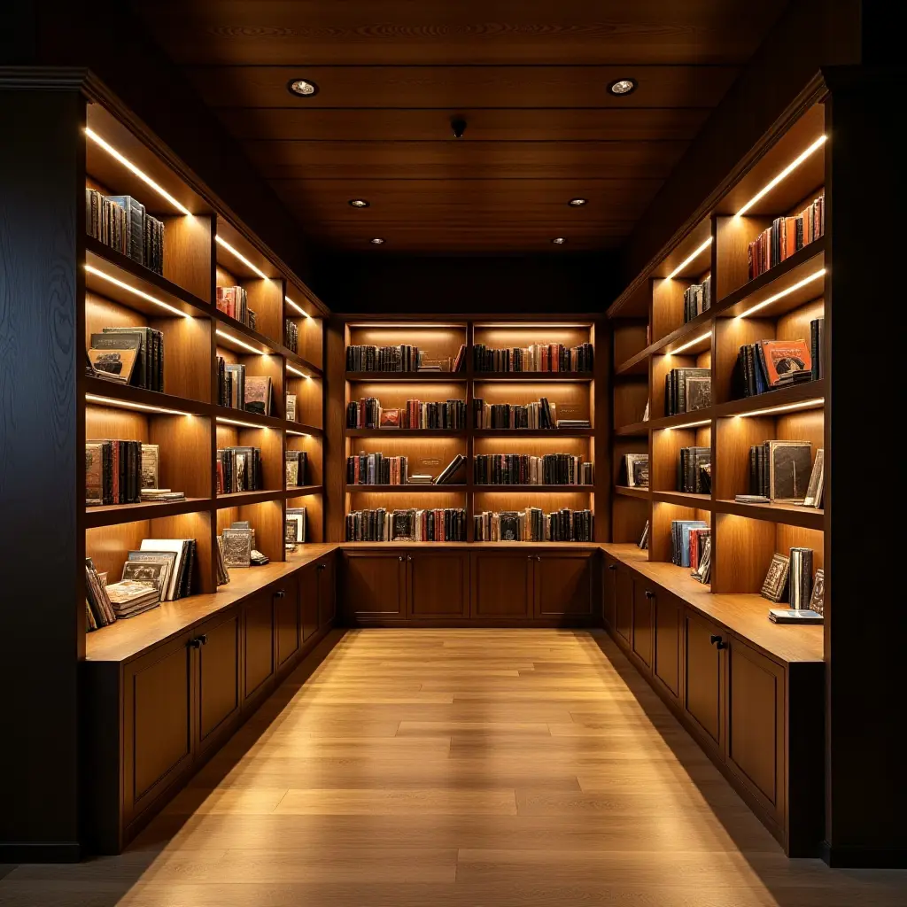 a photo of a basement library with warm, inviting reading lights