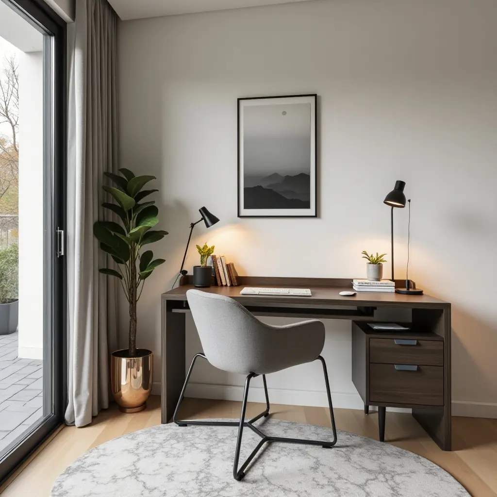 a photo of a modern study area with sleek furniture and decor