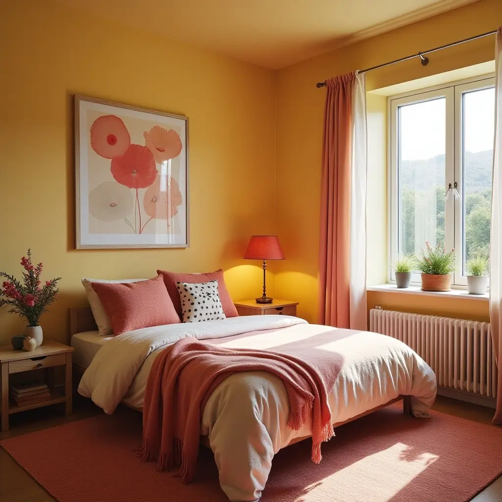 a photo of a cozy small bedroom with bright color accents