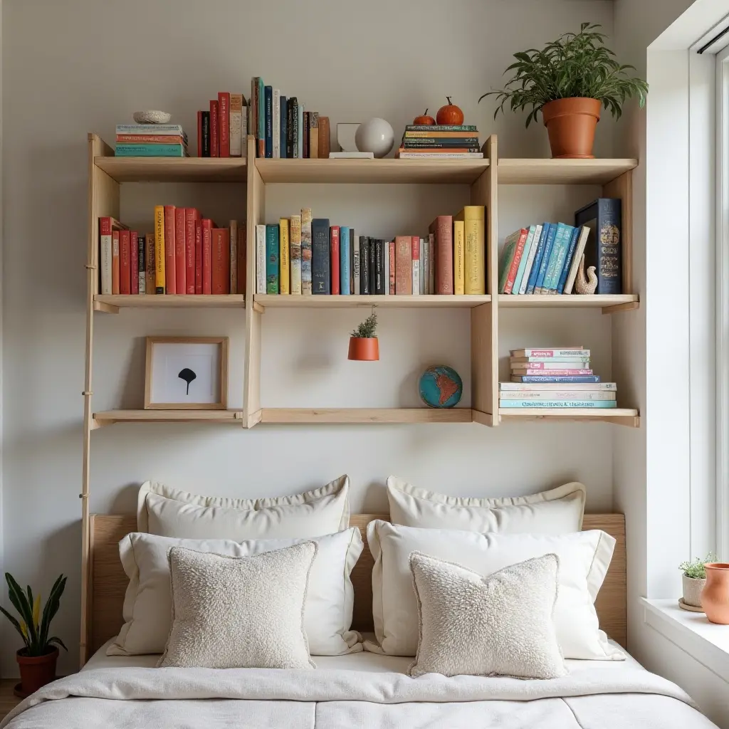 a photo of a stylish teen bedroom shelving with colorful books and decorative items