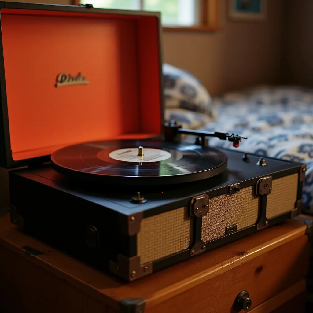 a photo of a retro record player in a teen's music-themed room
