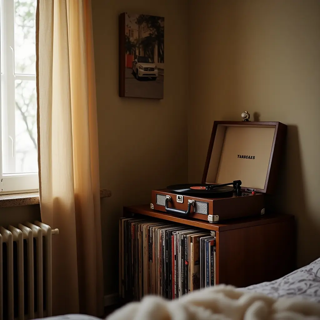 a photo of a cozy bedroom corner with a vintage record player and vinyl collection