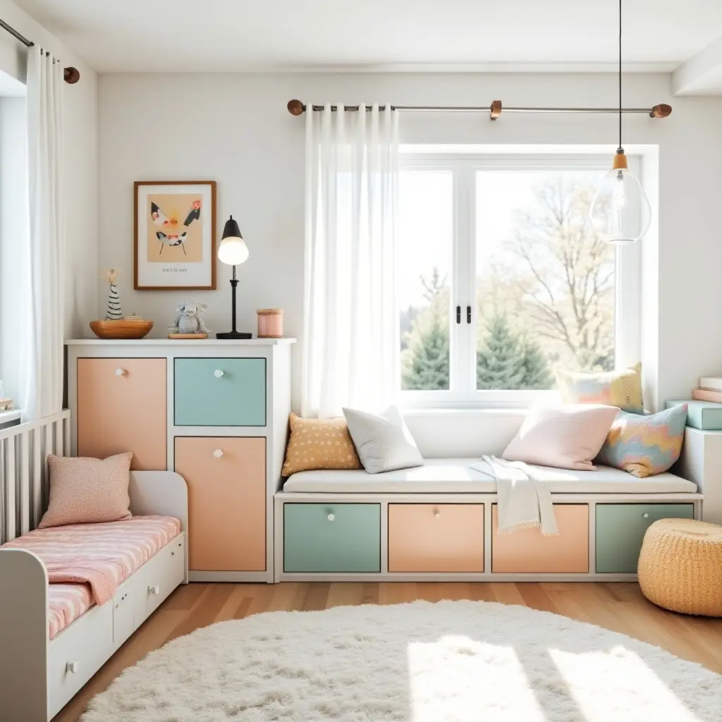 a photo of a bright and cheerful Scandinavian kids' bedroom with colorful storage solutions