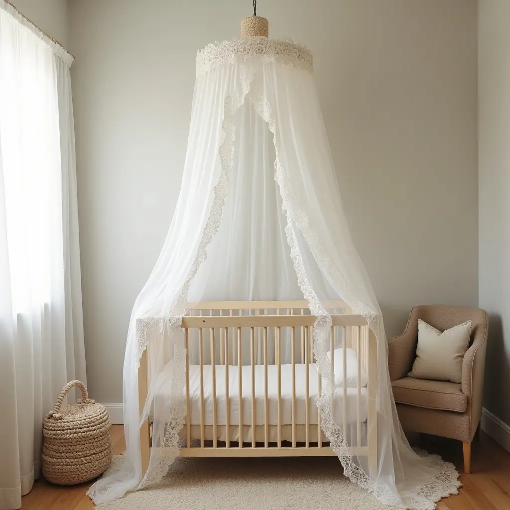 a photo of a vintage nursery showcasing a lace canopy draped over a crib