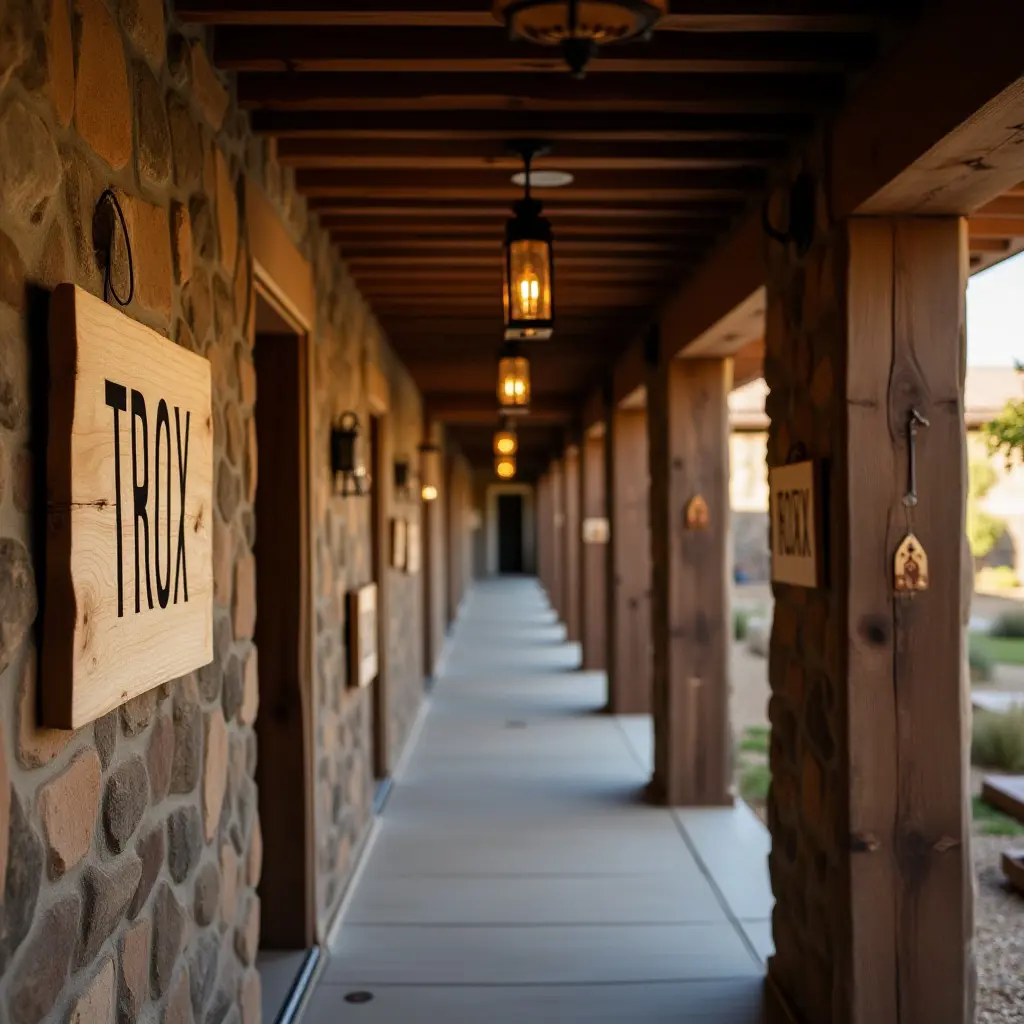 a photo of a rustic corridor adorned with handmade wooden signs