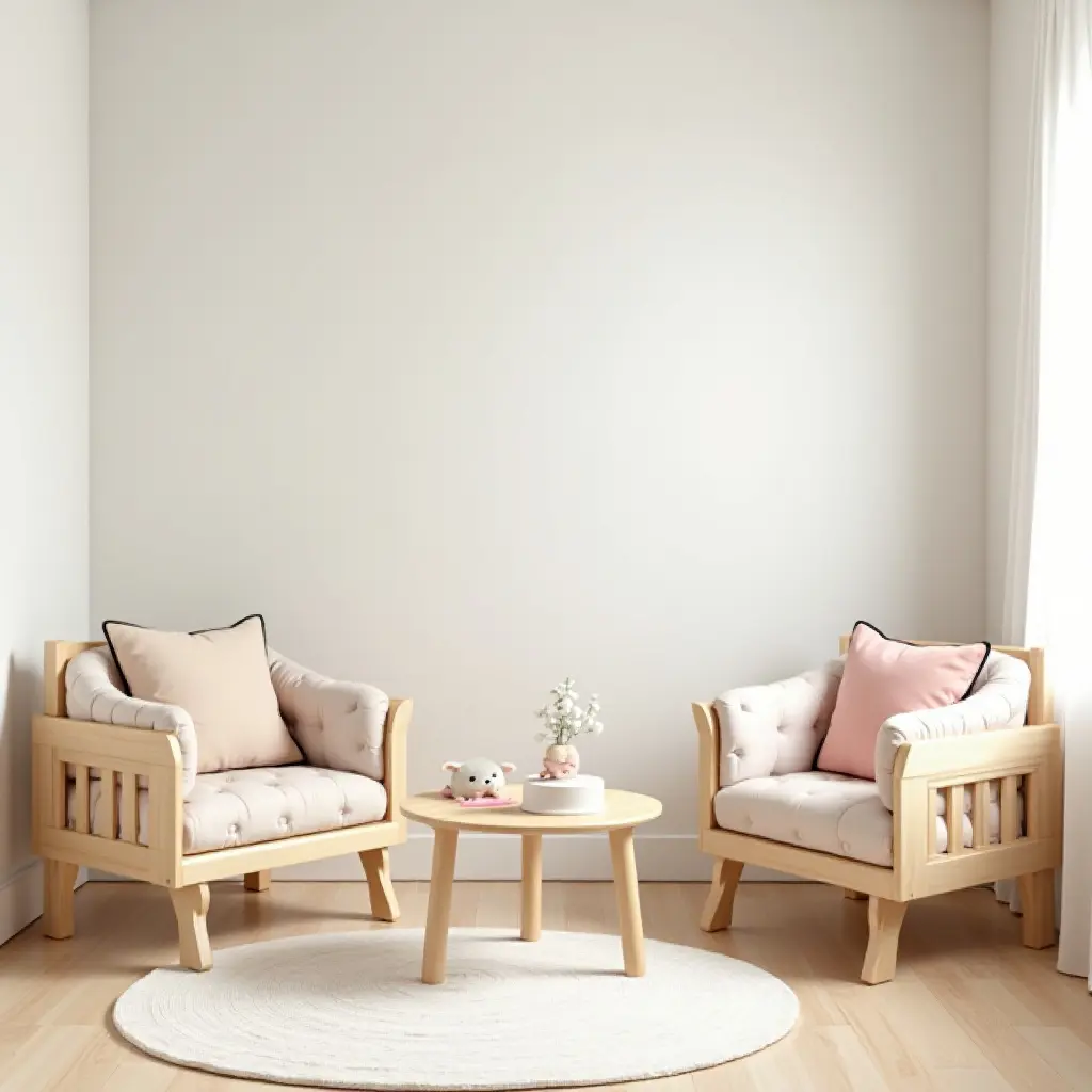 a photo of a serene kids' bedroom with wooden furniture and pastel colors