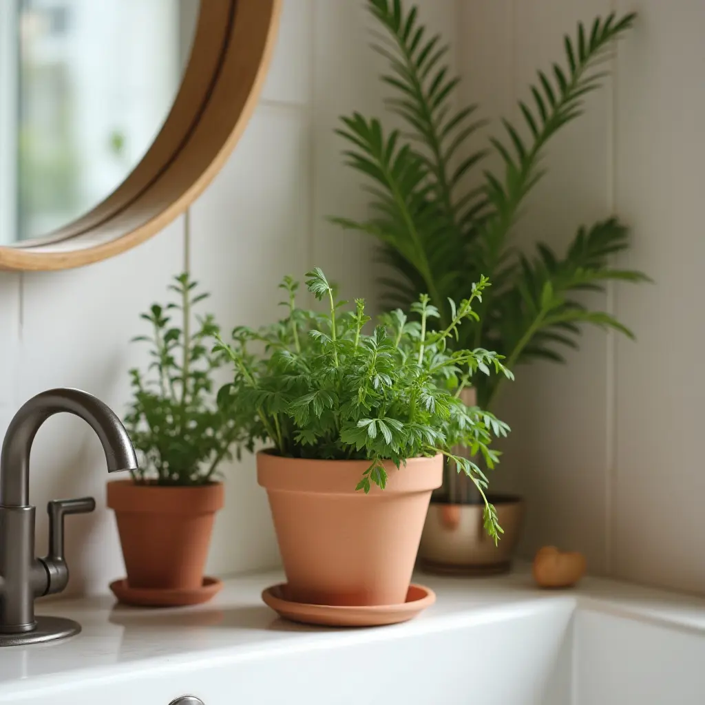 a photo of a stylish bathroom with a terracotta pot of herbs