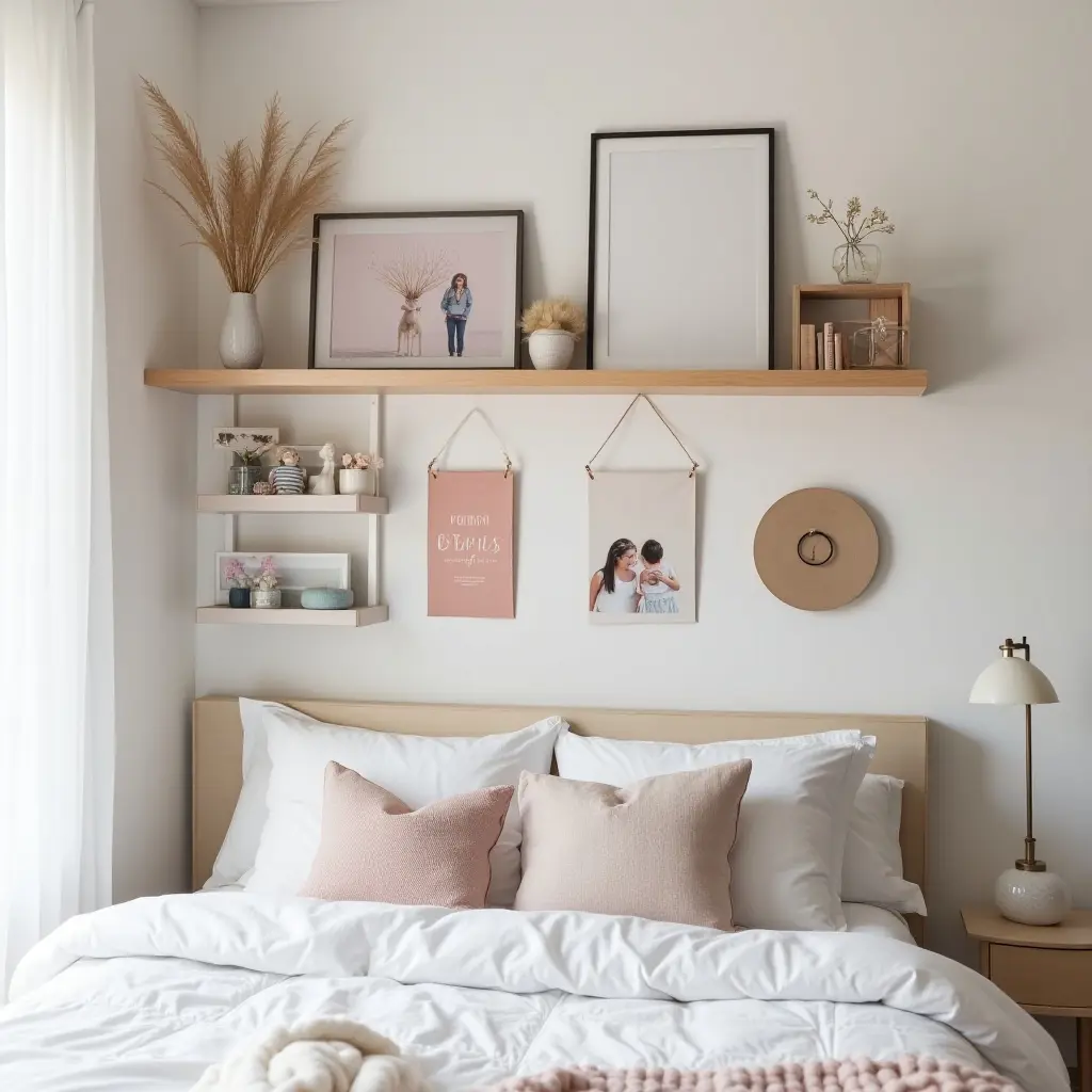 a photo of an artistic teen bedroom shelf featuring DIY projects and crafts