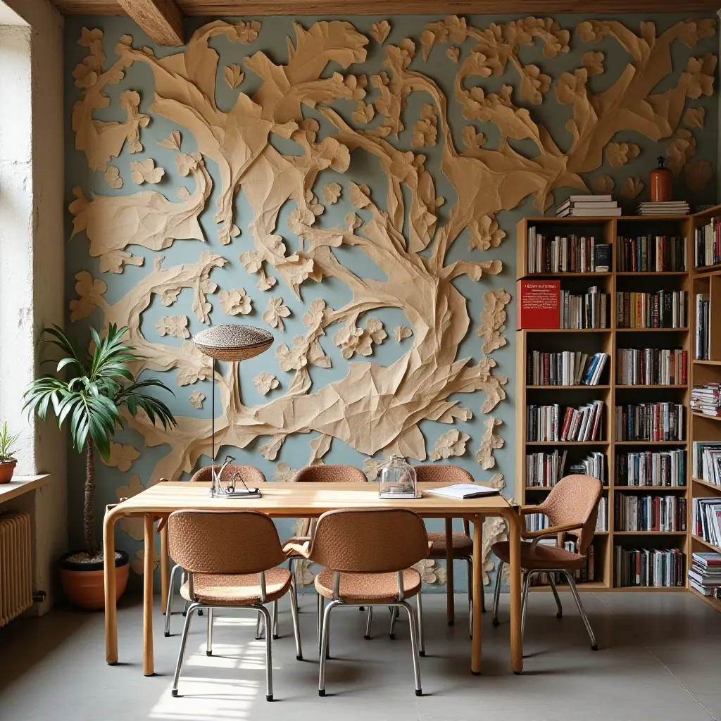 a photo of a library wall adorned with paper mâché art