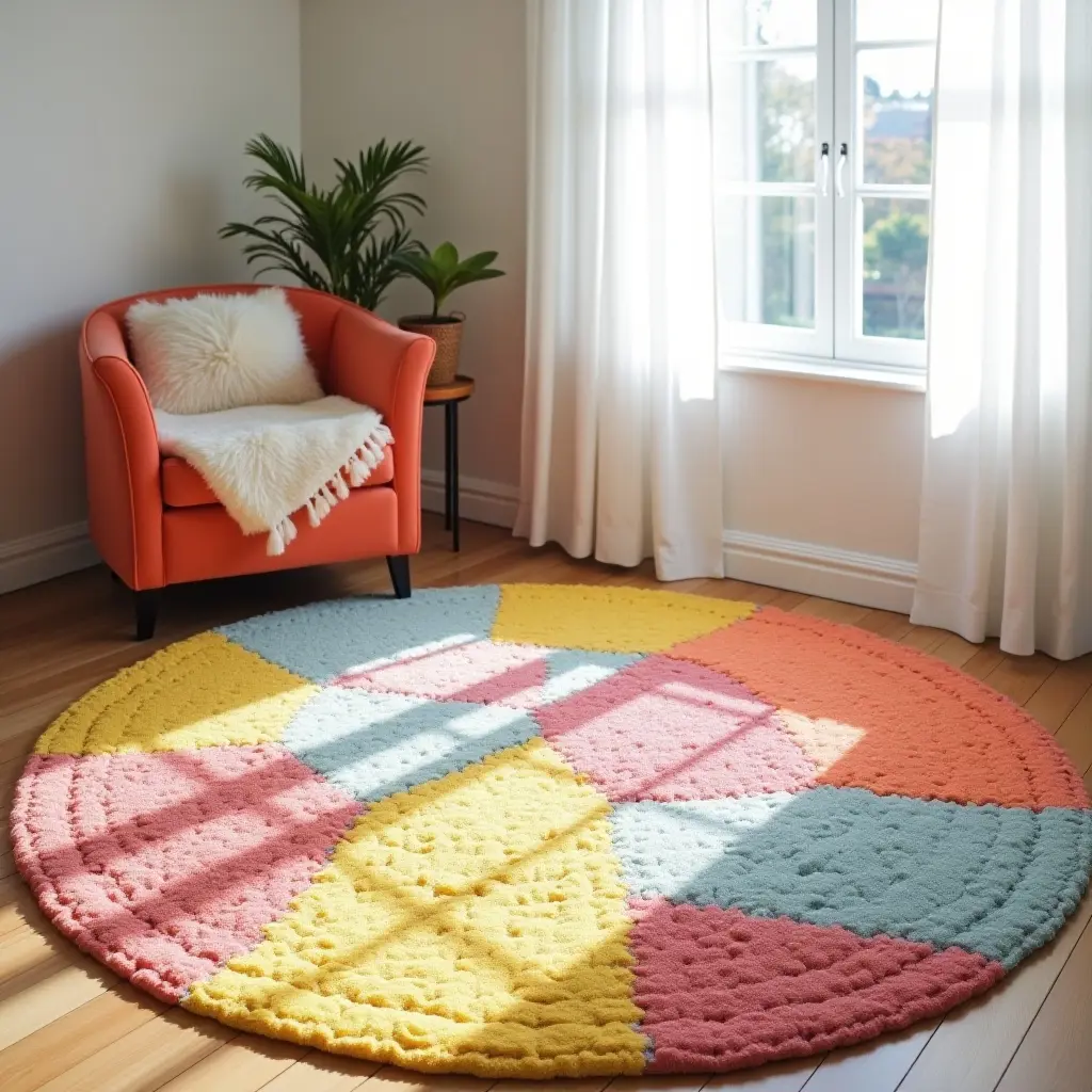 a photo of a bright and colorful patchwork rug for a playful nursery