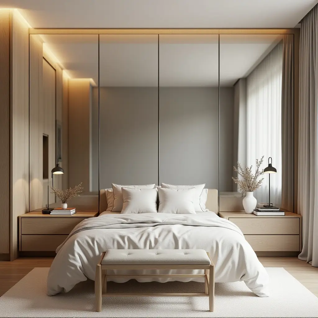 a photo of a modern kids' bedroom with mirrored wall panels and soft lighting