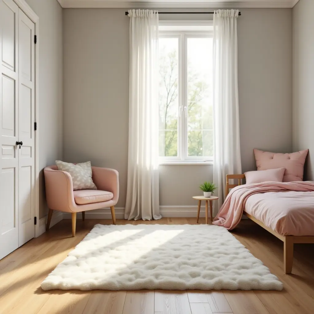 a photo of wooden flooring with a soft rug in a teen's room