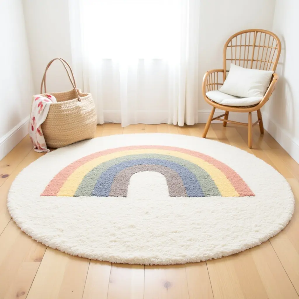 a photo of a playful rainbow road rug for a nursery play area