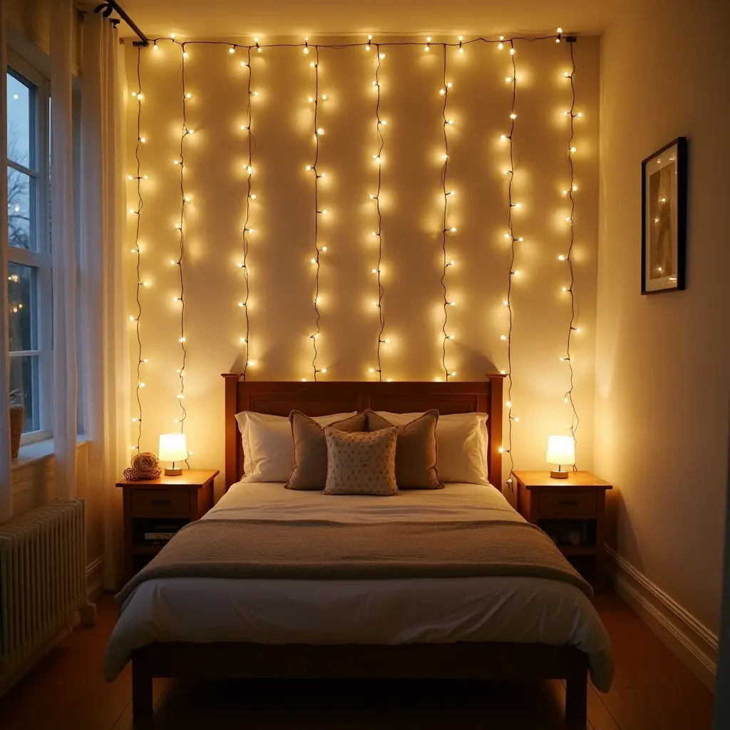 a photo of a chic bedroom with fairy lights and a comfortable bed