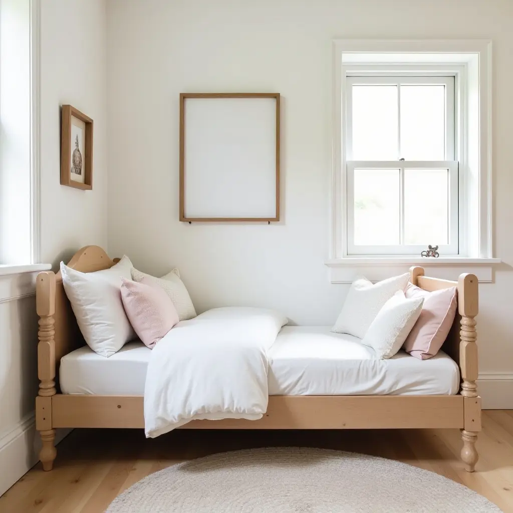 a photo of a children's bedroom featuring a vintage farmhouse bed and soft linens