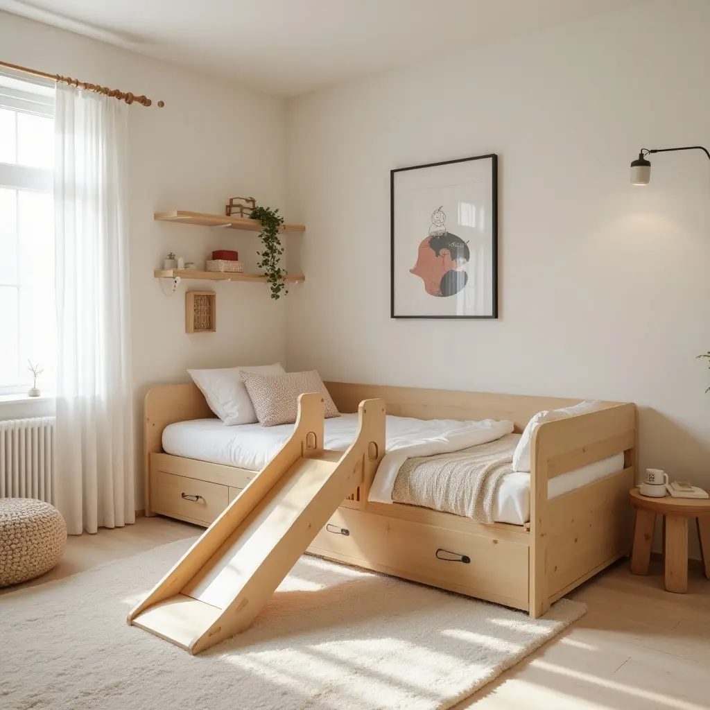 a photo of a playful kids' room with a wooden slide attached to the bed