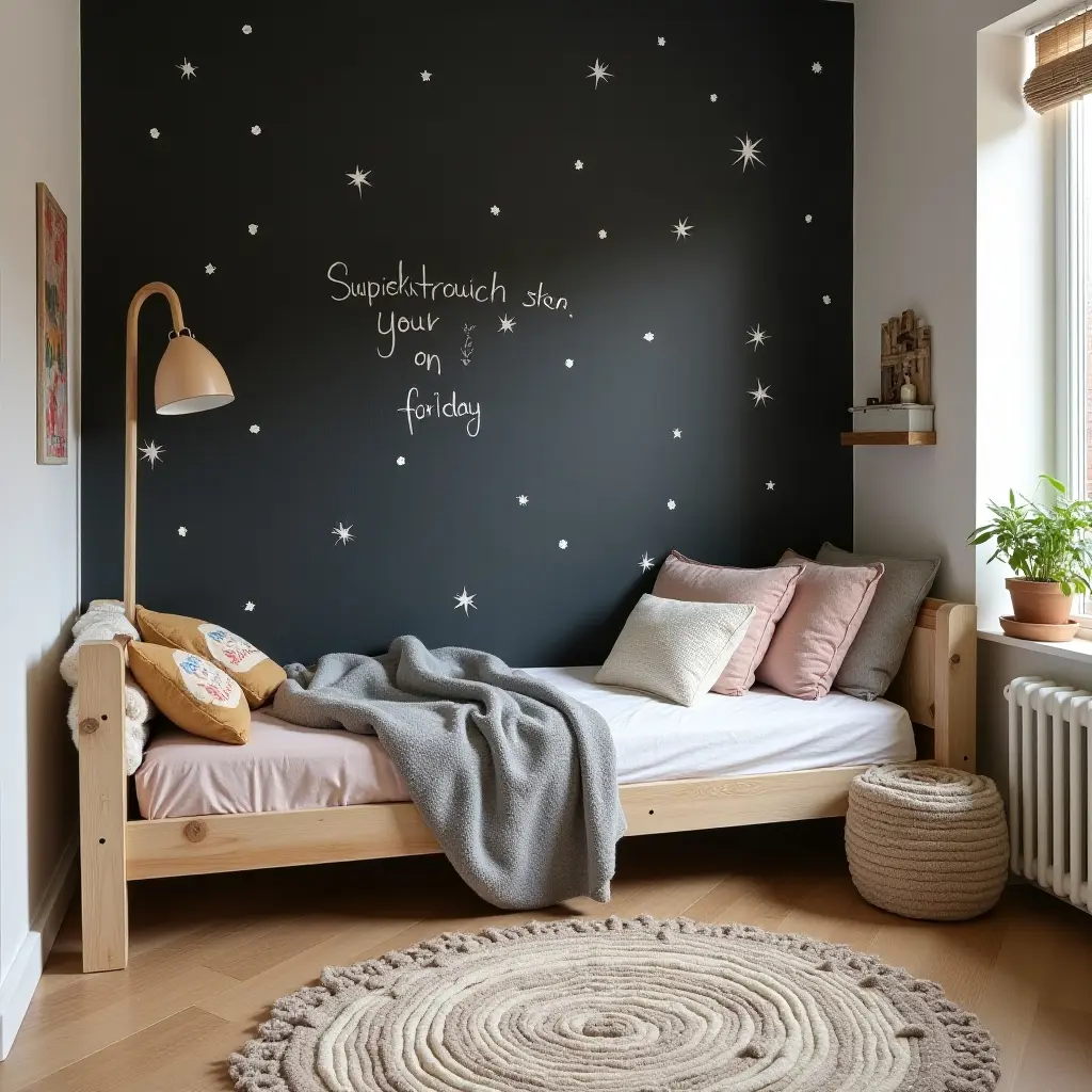 a photo of a playful kids' bedroom with a chalkboard wall