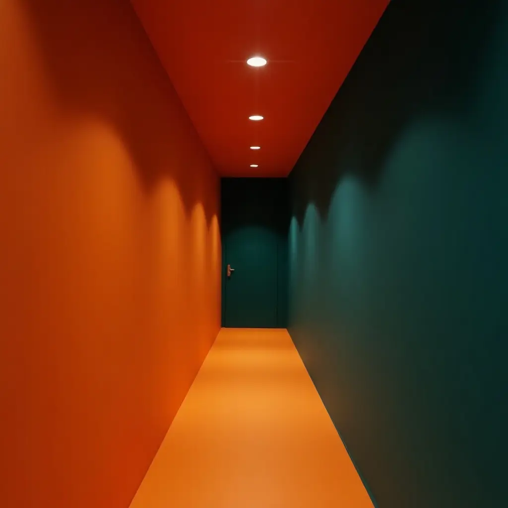 a photo of a striking orange and dark teal corridor