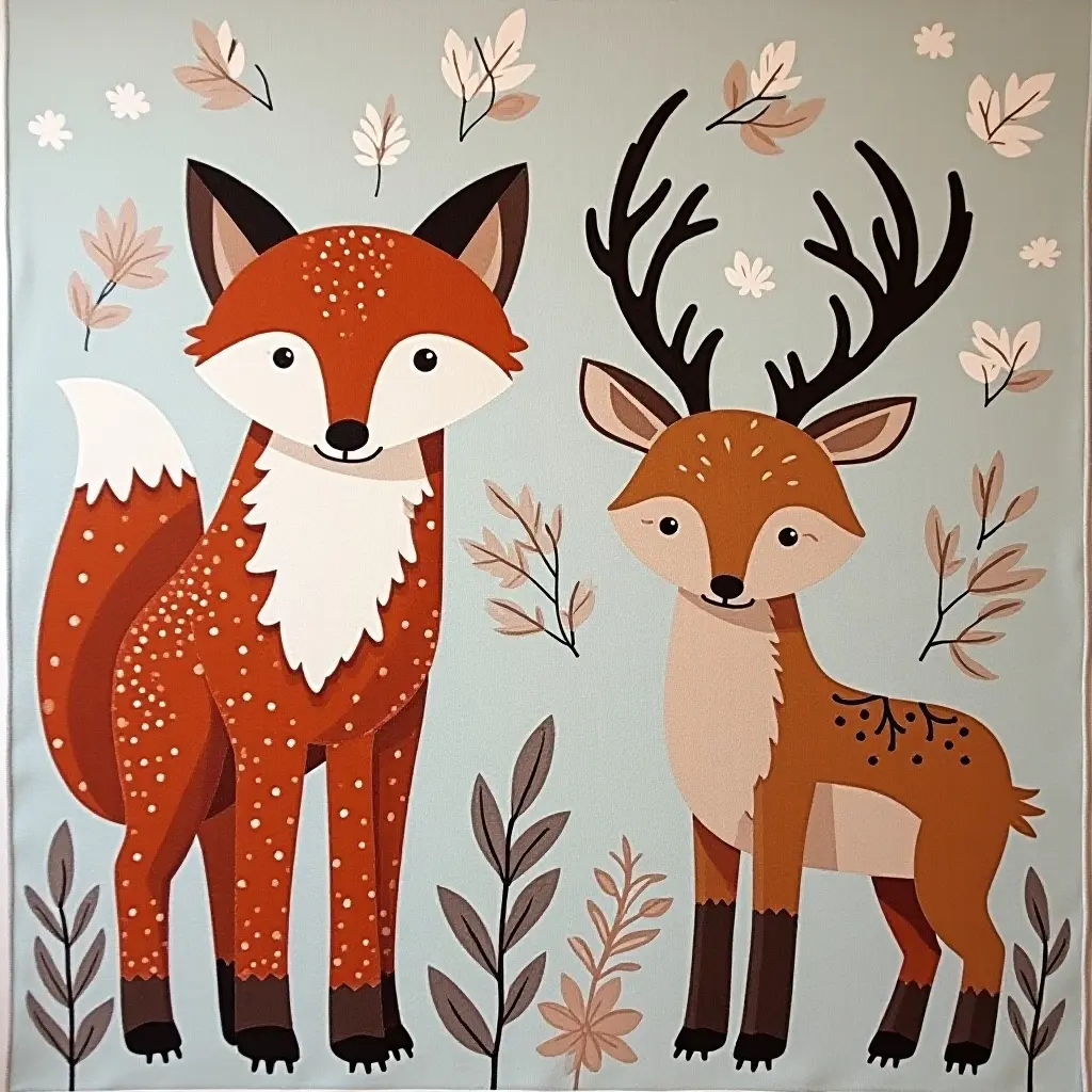 a photo of a woodland animal rug featuring foxes and deer for a nursery