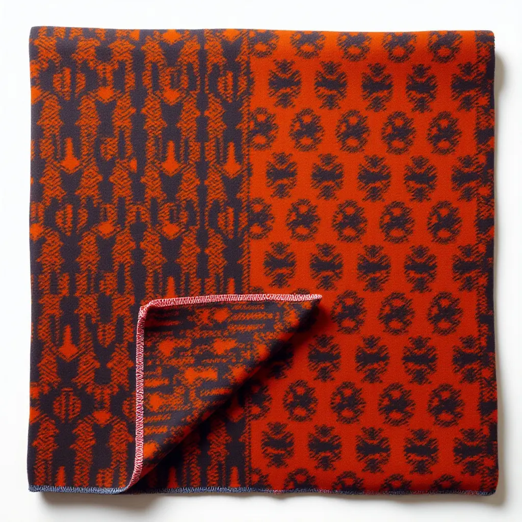 a photo of a vibrant orange and navy patterned throw blanket