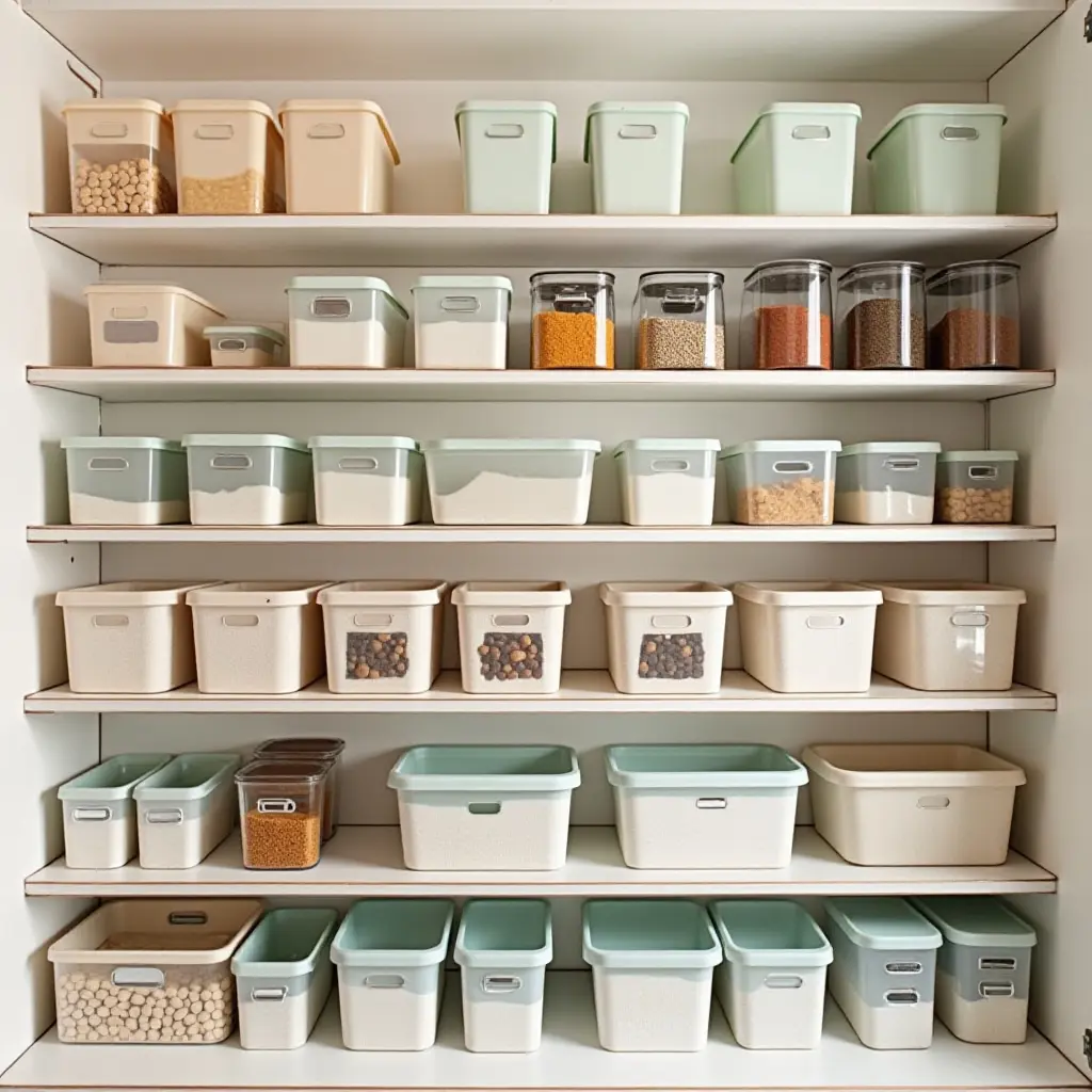 a photo of a pantry organized by category with colorful bins and dividers