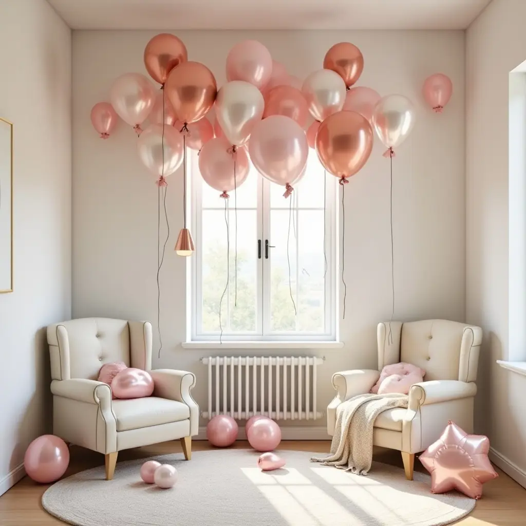 a photo of a fun children's room with metallic balloons as decor