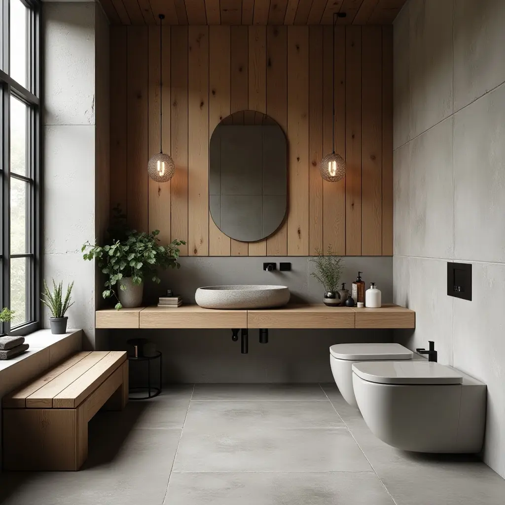 a photo of an industrial bathroom with raw wood, concrete tiles, and metal finishes