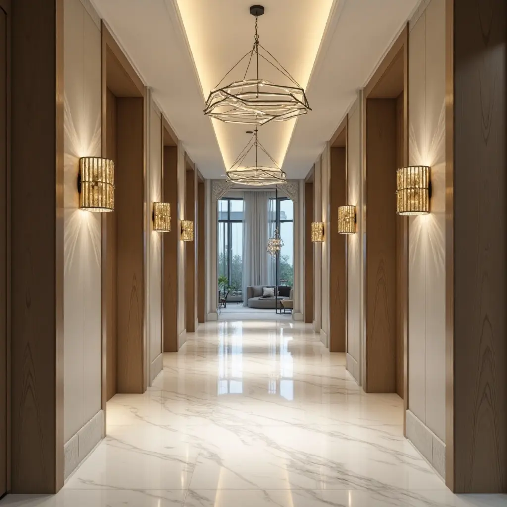a photo of a stylish entrance hall showcasing metallic light fixtures