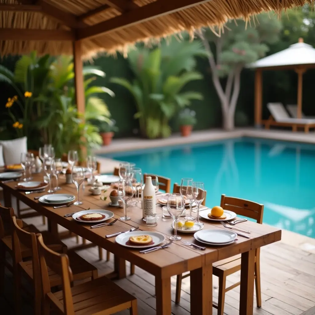 a photo of a wooden poolside dining table set for dinner