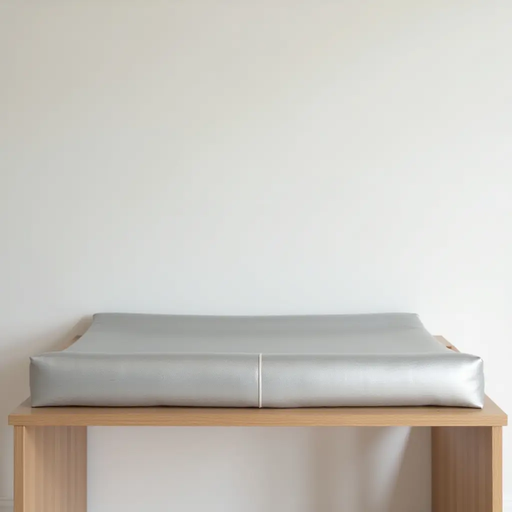 a photo of a nursery featuring a metallic silver changing pad cover