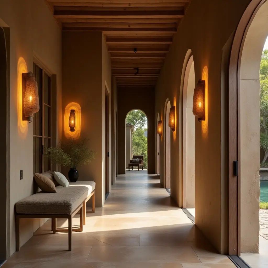 a photo of a cozy corridor featuring unique wall sconces and natural materials