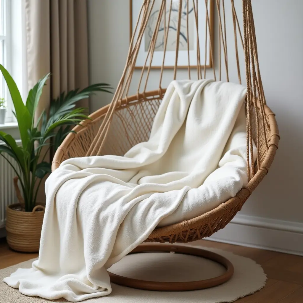 a photo of a chic hammock chair draped with soft blankets