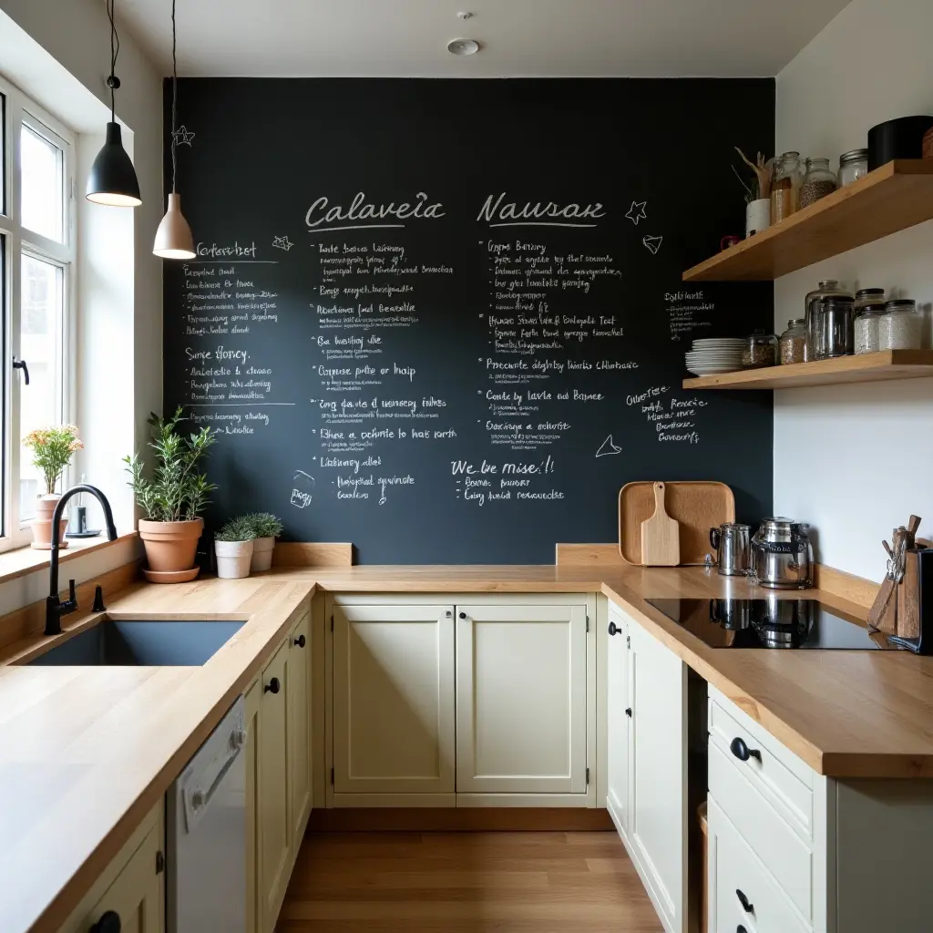 a photo of a small kitchen with a chalkboard wall for recipes and notes