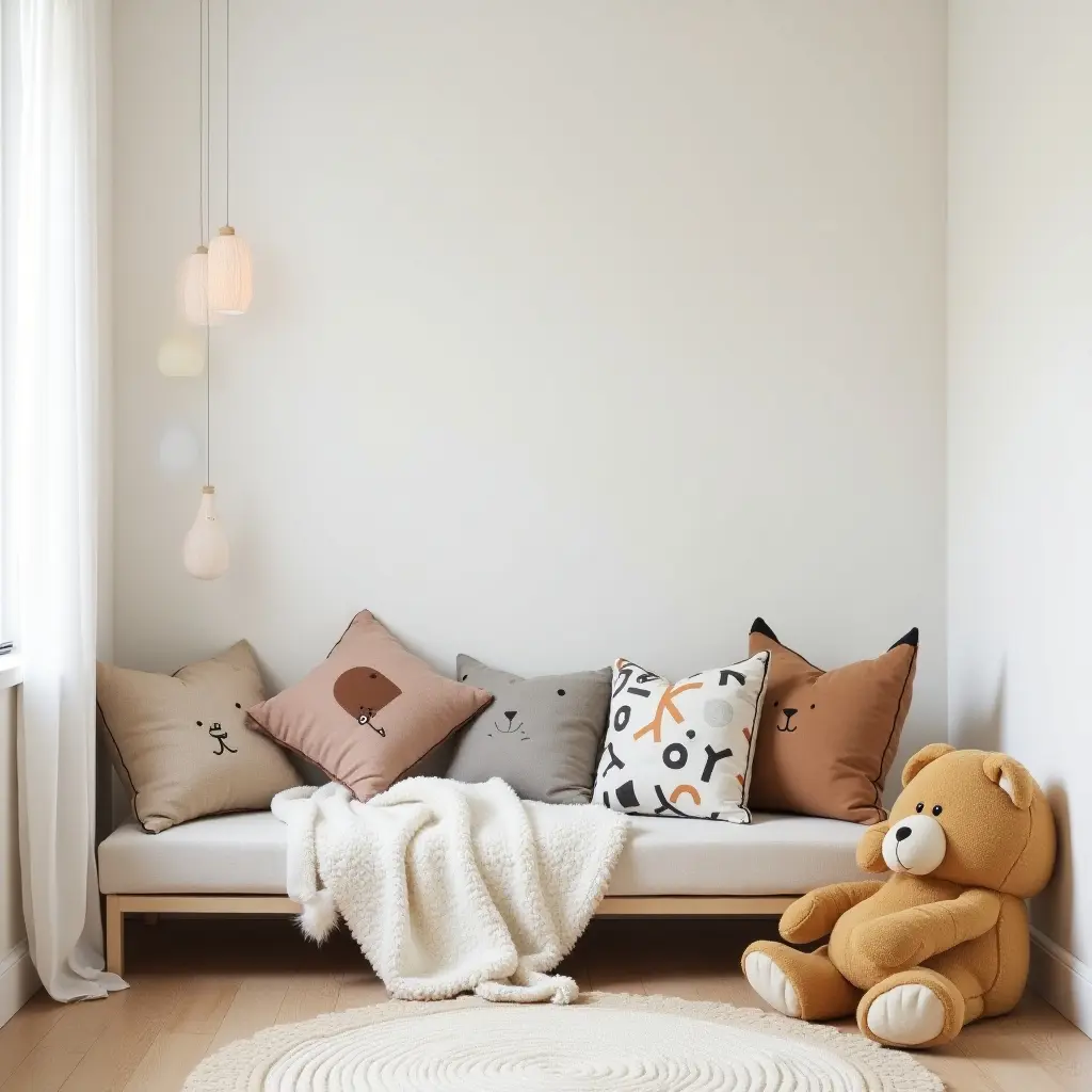 a photo of a nursery corner decorated with animal-themed cushions for reading