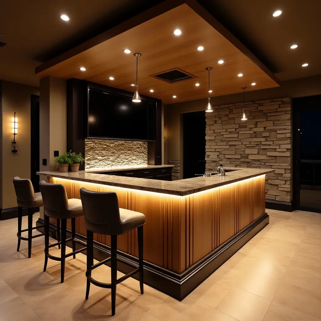 a photo of a contemporary basement bar with a waterfall edge countertop and LED lights