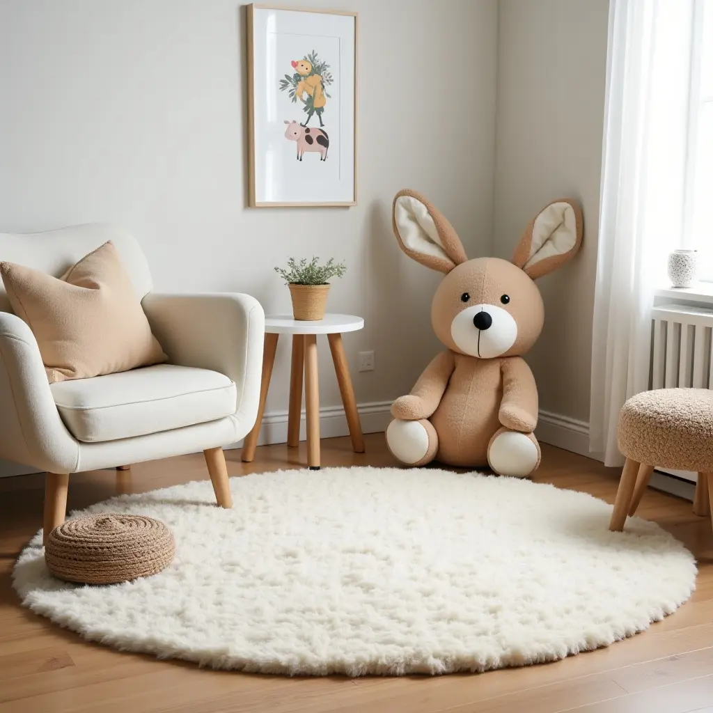 a photo of a soft, plush area rug in a children's reading corner
