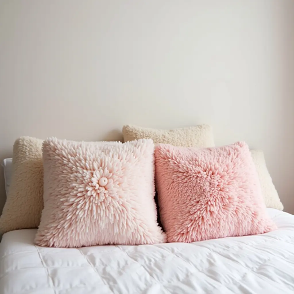 a photo of pastel-colored throw pillows in a girl's bedroom
