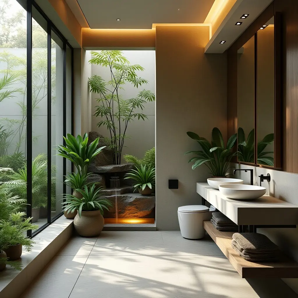 a photo of a serene bathroom with a small indoor water feature and ferns