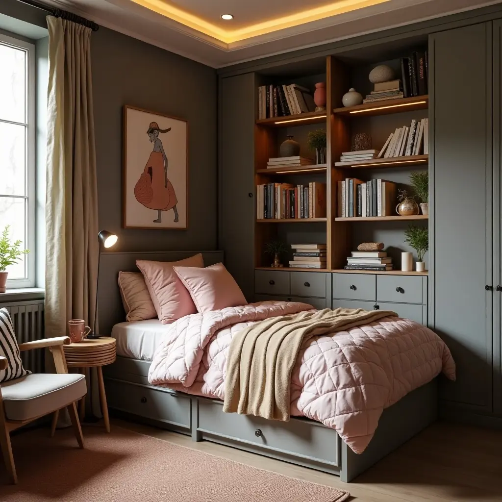 a photo of a teenager's bedroom with a personal library corner