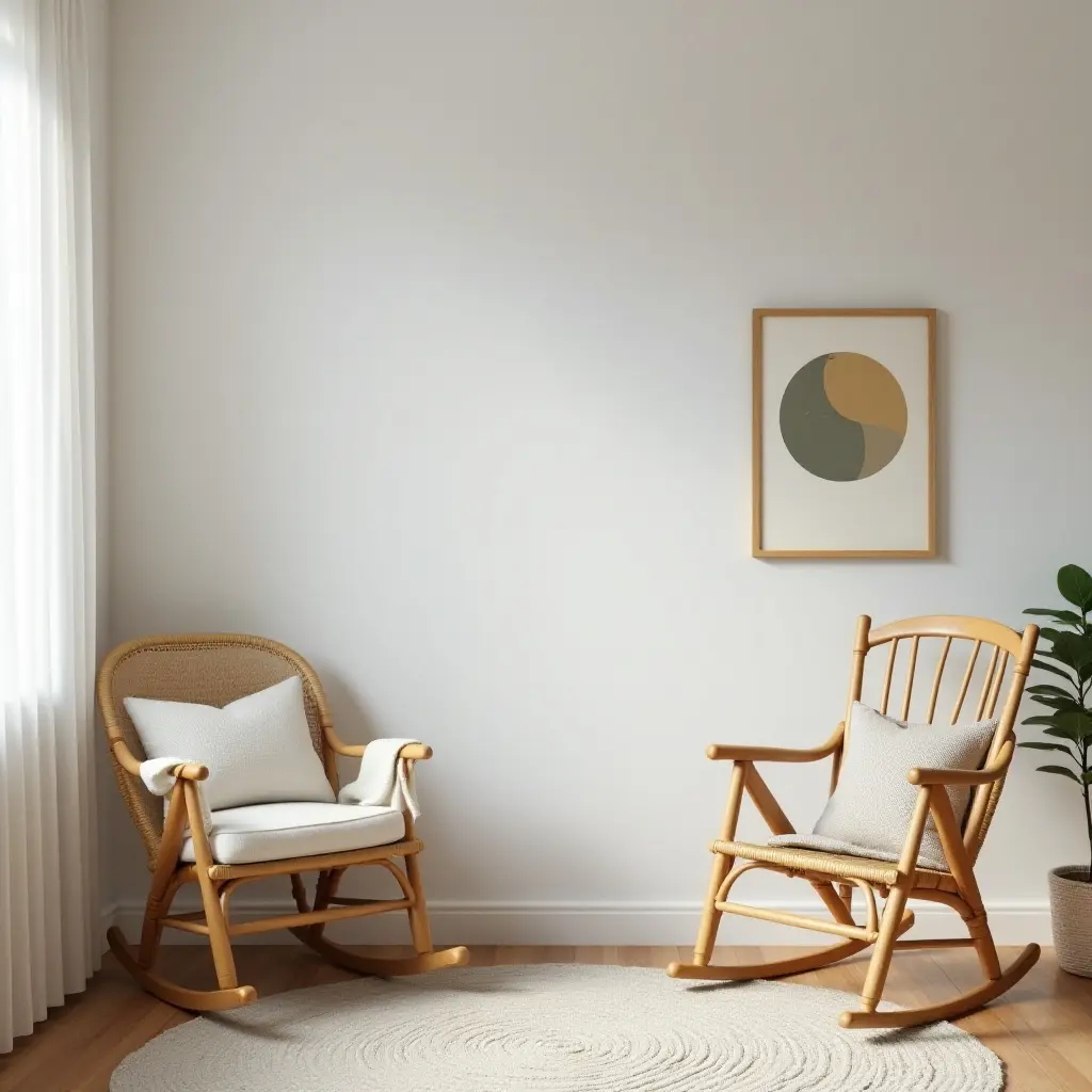 a photo of a cozy children's bedroom blending vintage rocking chair with modern wall art