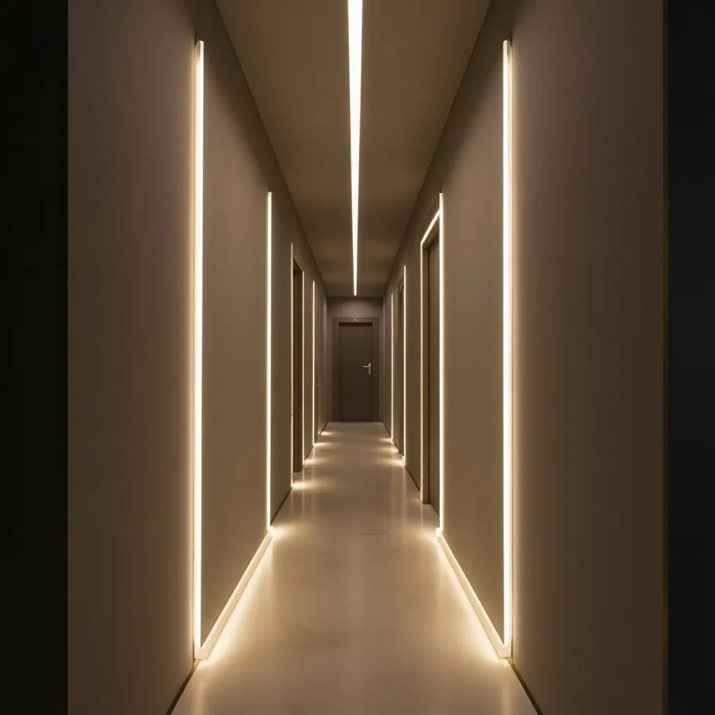 a photo of a narrow hallway illuminated by LED strip lights